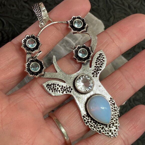 Opalite and Topaz Deer Stag Buck Spirit Animal Fairycore Witchy Pendant Ornament - Picture 3 of 5